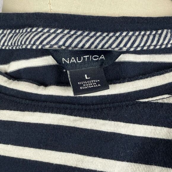 NAUTICA Navy and White Striped Crewneck Tee with Tie Sleeves | Size Large - Picture 4 of 4